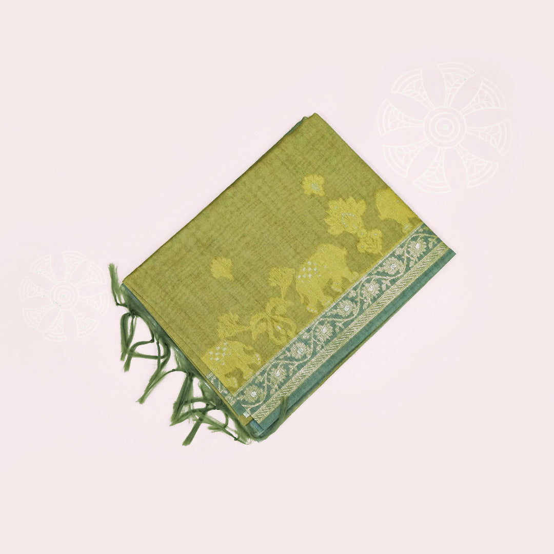 Olive Green Ambari Silk Tussar with Floral and Zari works