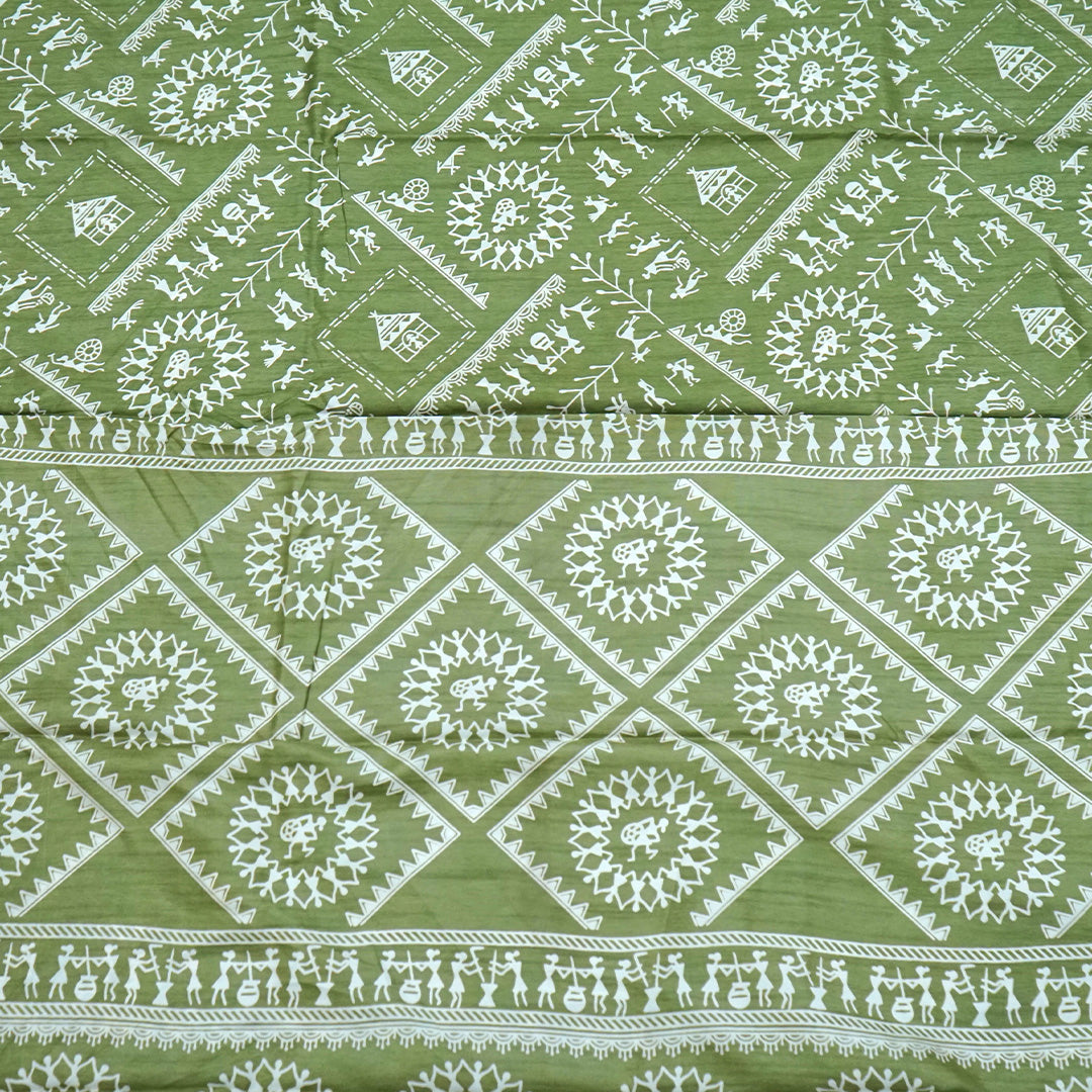 Kusum Silk in Olive Green Base with Kalamkari prints