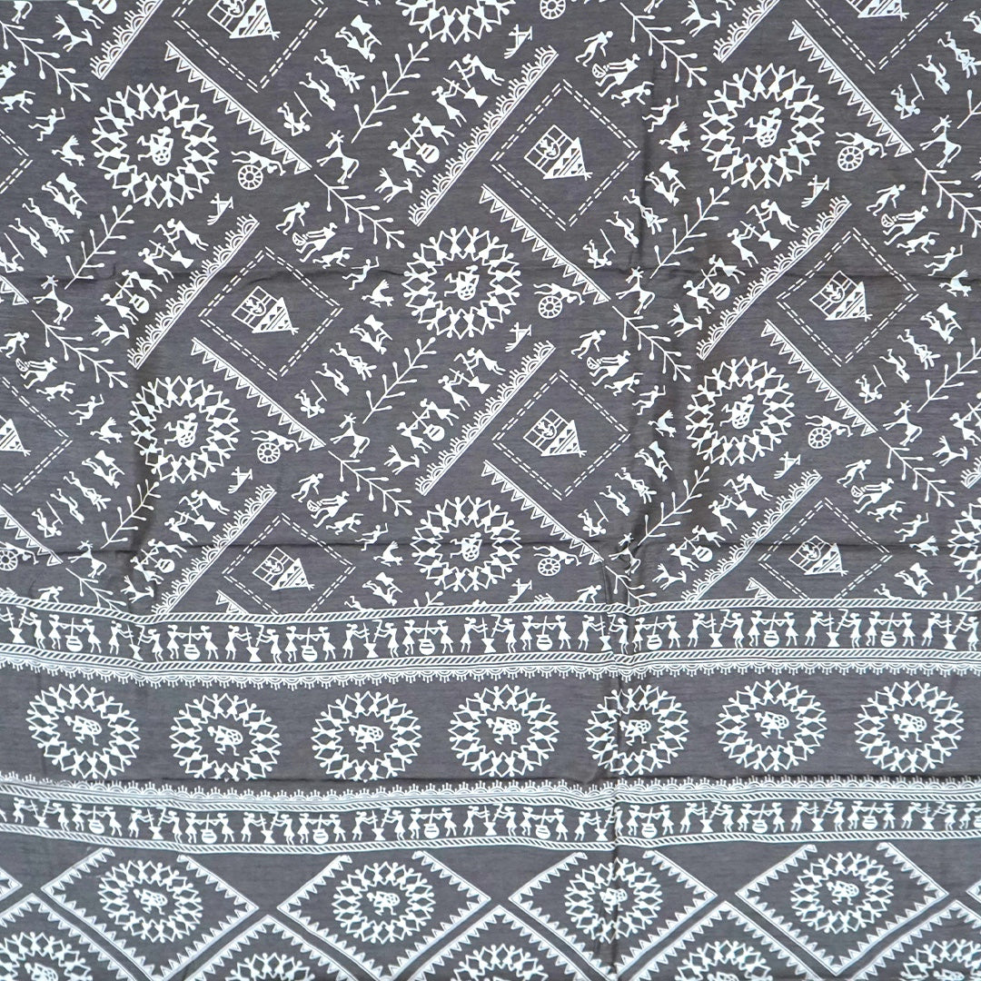 Kusum Silk in Charcoal Grey base with Kalamkari prints