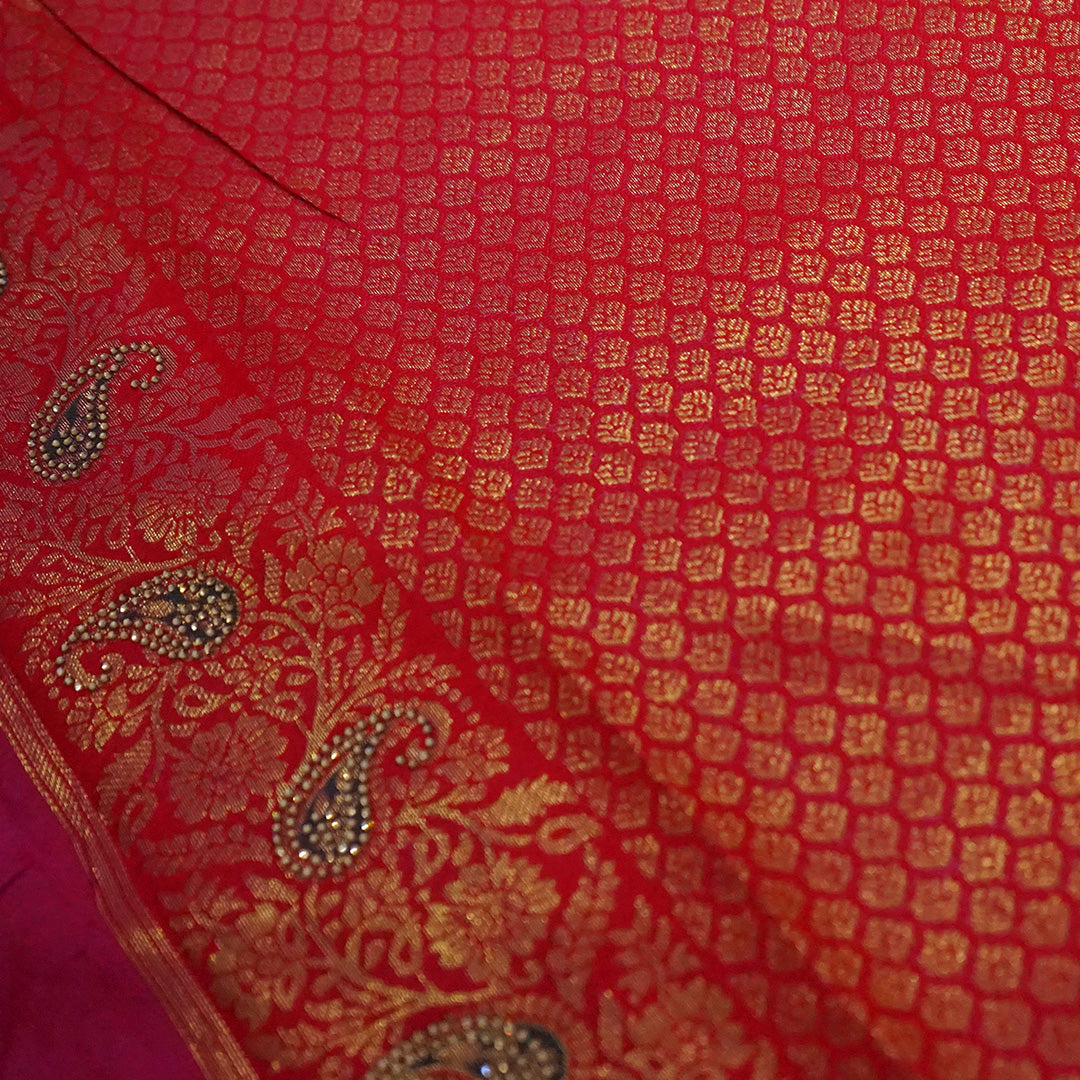 Silk Tulasi in Peach - Pink Base with Vibrant Red border