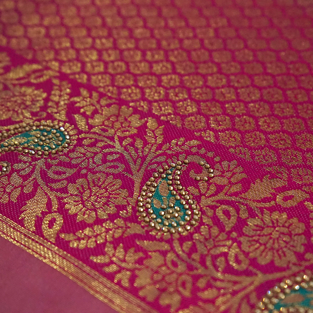 Silk Tulasi in Golden Beige Base with a Vibrant Pink border