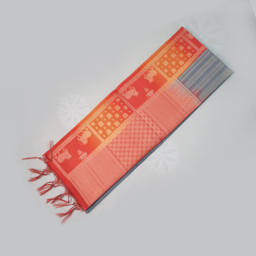 Subtle Grey Gokul Tussar with Red and Orange border.
