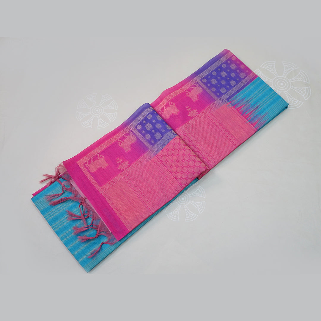 Teal Blue Gokul Tussar with pink and purple border
