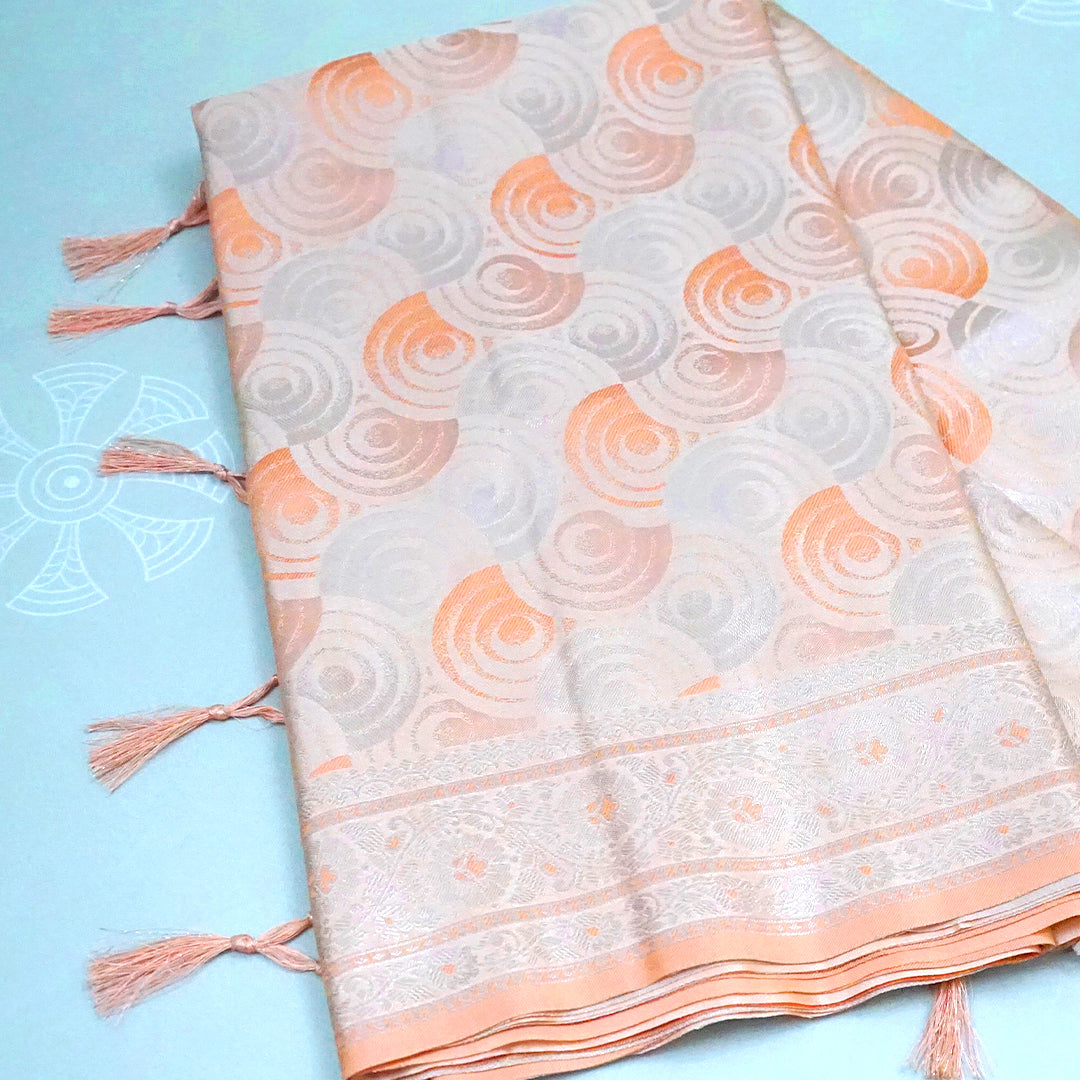 Peach - Beige Suhani Silk with Silver Zari and Pastel Peach motifs
