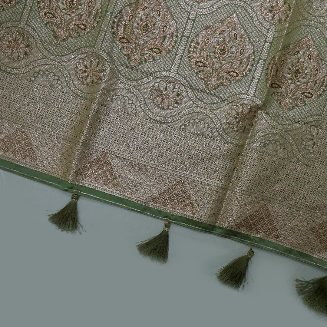 Pastel Green Madhur Sangam Silk saree with Gold - Silver Zari