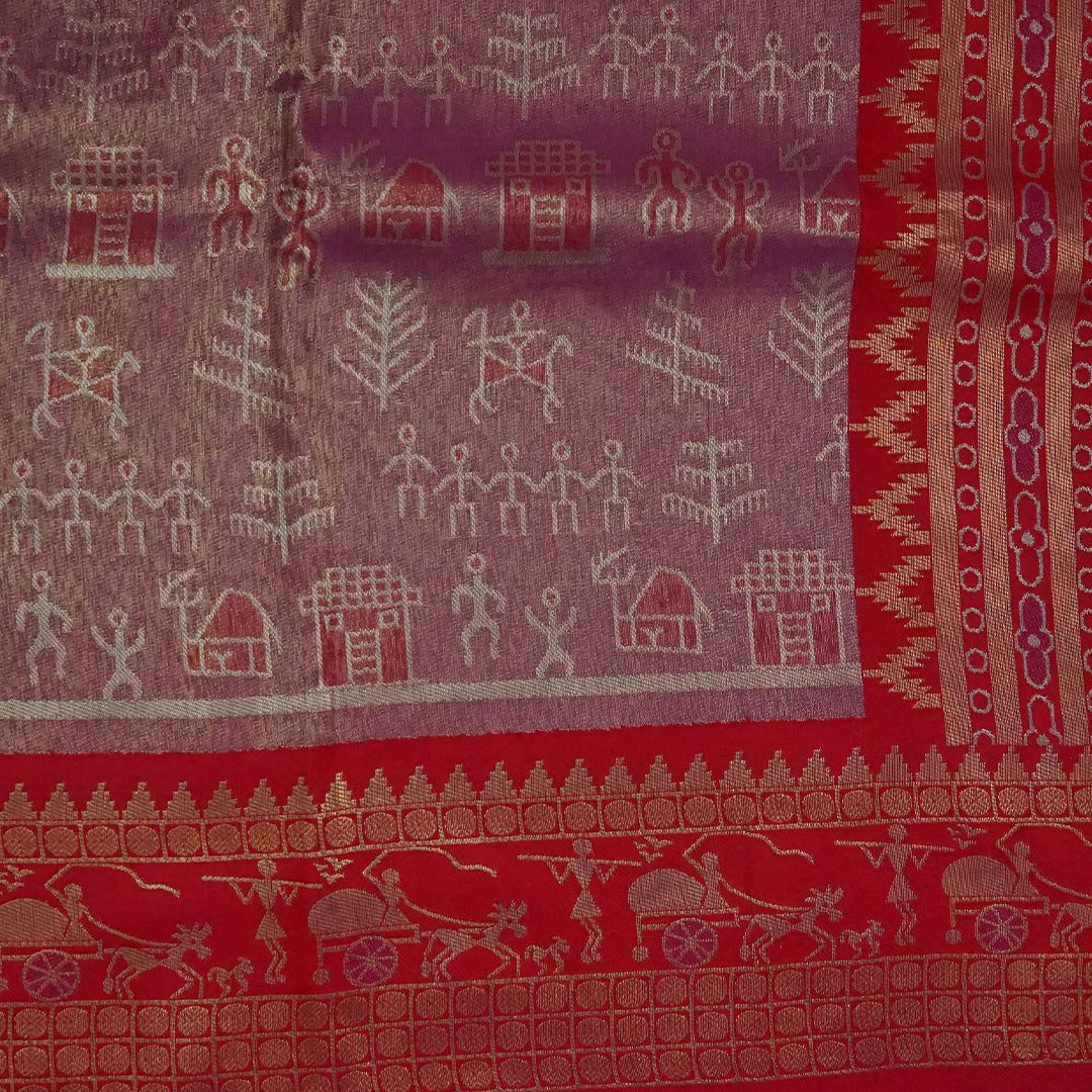 Crimson Red Stravi Silk with lavender - pink pallu and Gold Zari