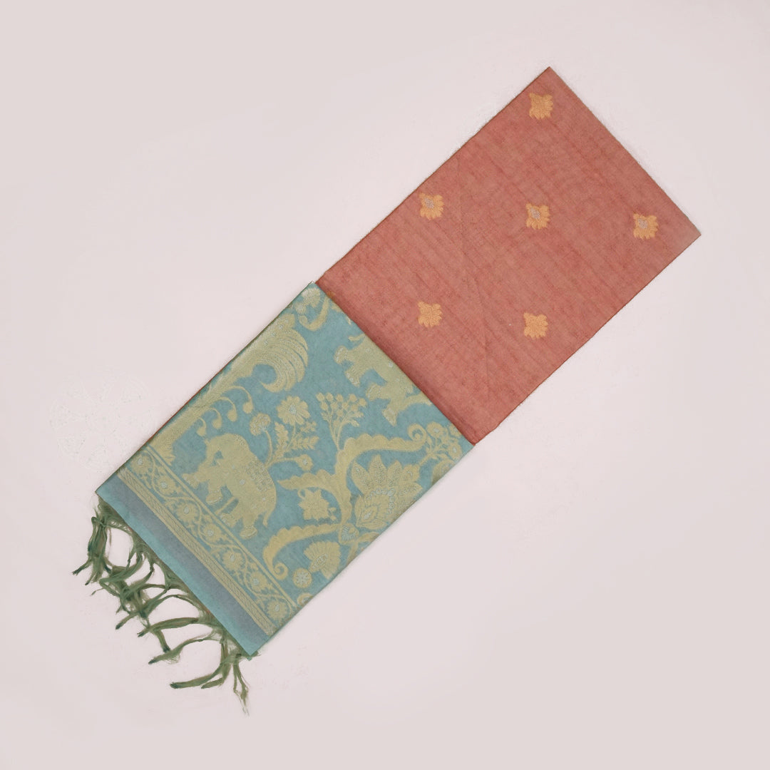 Sandy Amber Ambari Silk Tussar with Seafoam Blue border