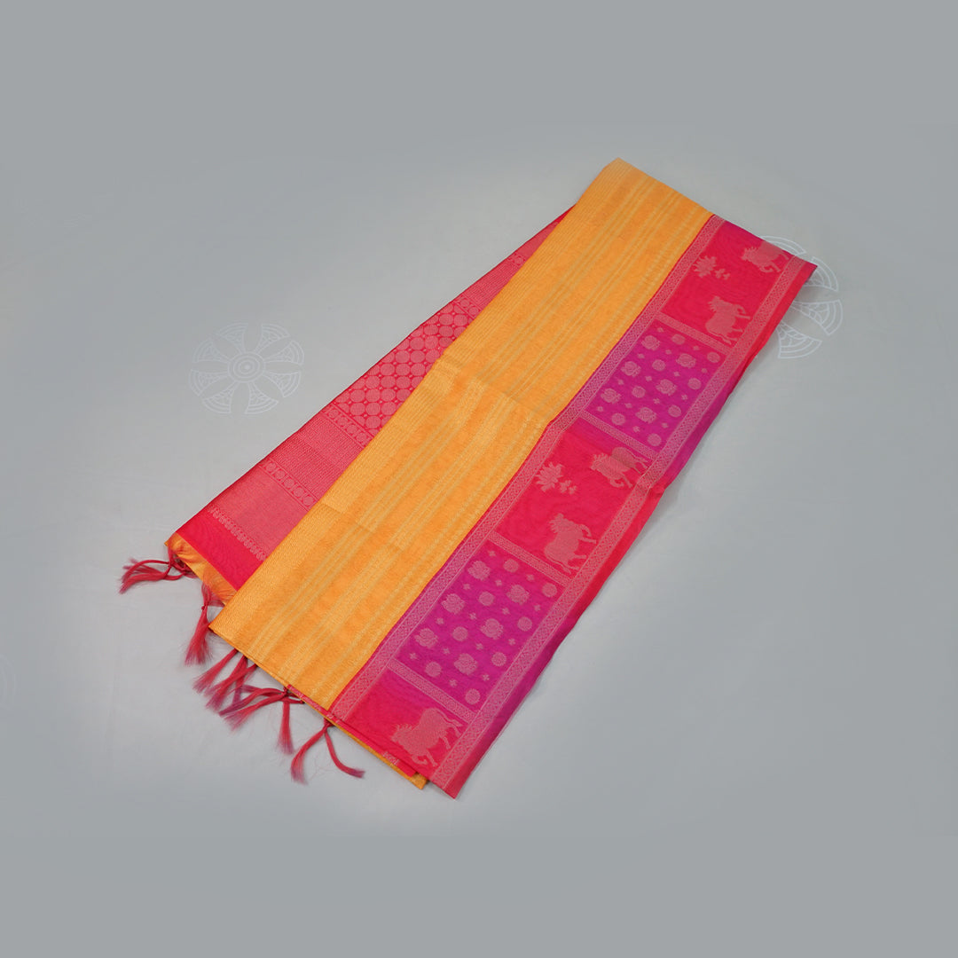 Mustard yellow Gokul Tussar with pink border