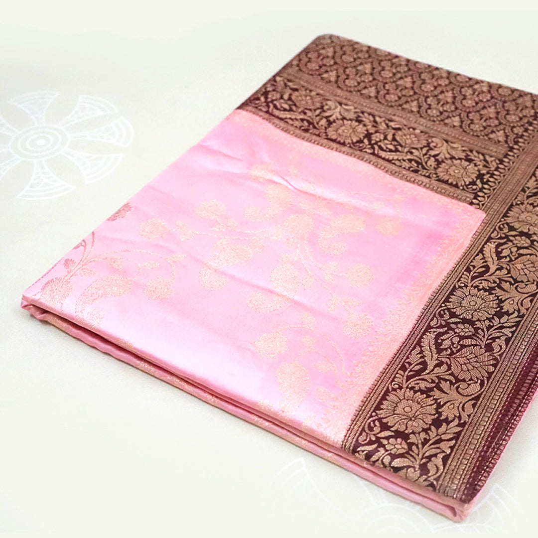 Soft Rose Mahalakshmi Viscose saree with Deep Maroon contrast