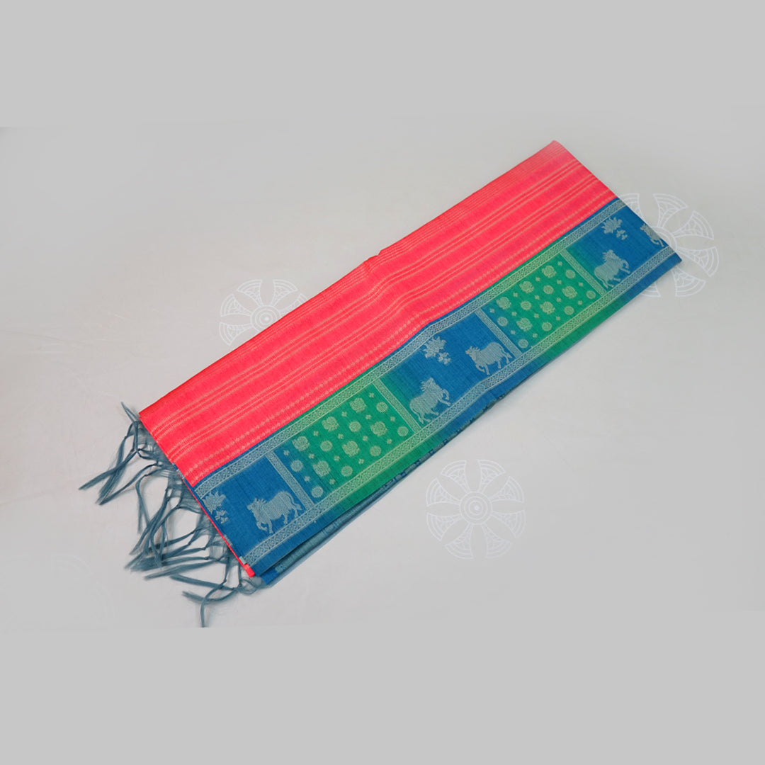 Coral Pink Gokul Tussar with Blue and Green border