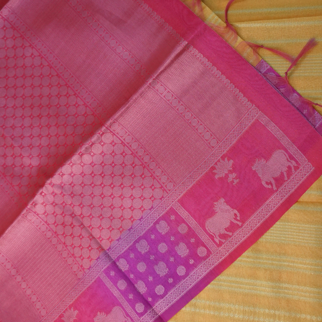 Mustard yellow Gokul Tussar with pink border