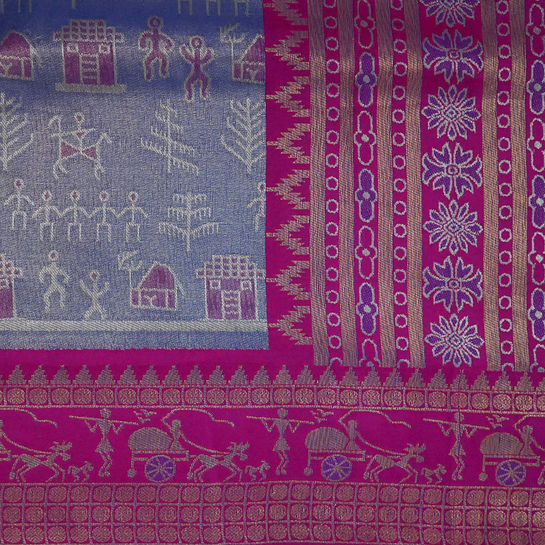 Magenta Stravi Silk Saree with lavender pall and Gold Zari.