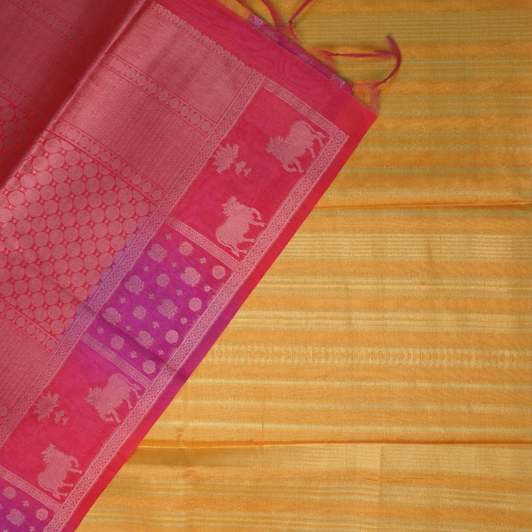 Mustard yellow Gokul Tussar with pink border