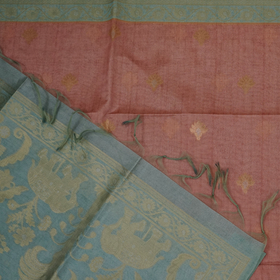 Sandy Amber Ambari Silk Tussar with Seafoam Blue border