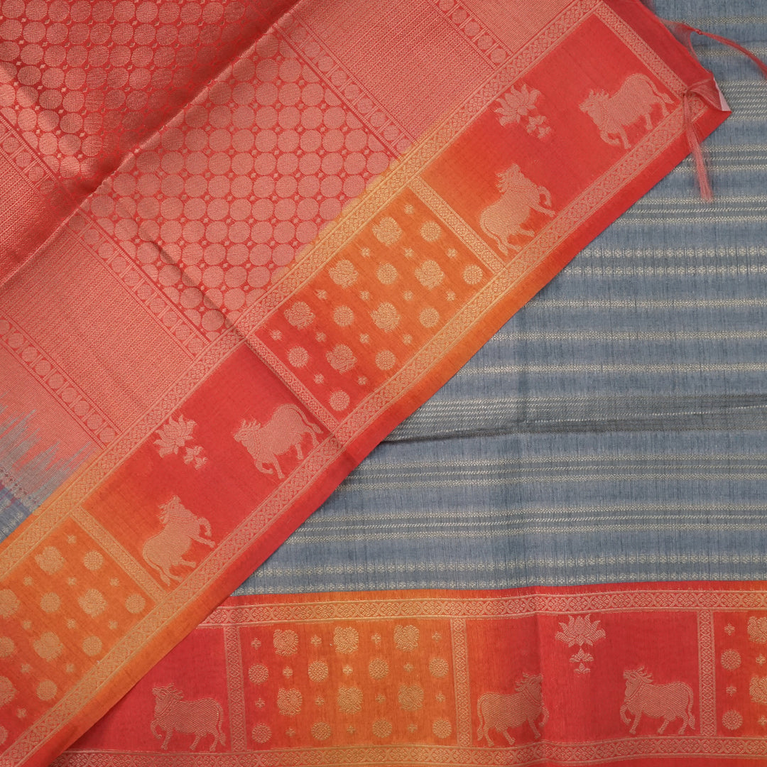 Subtle Grey Gokul Tussar with Red and Orange border.