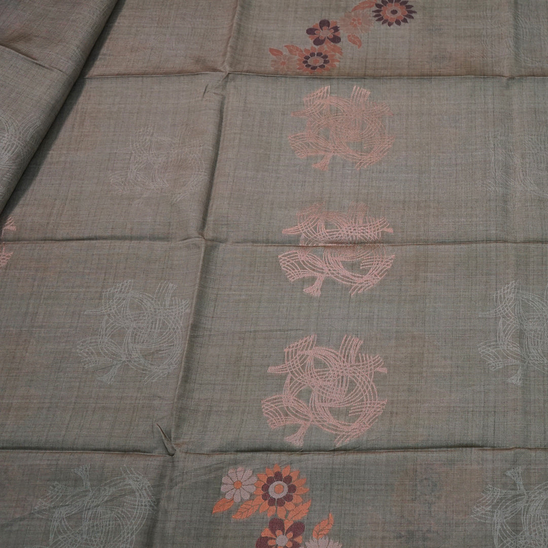 Olive green Palayam Silk Tussar with Copper and Mauve border