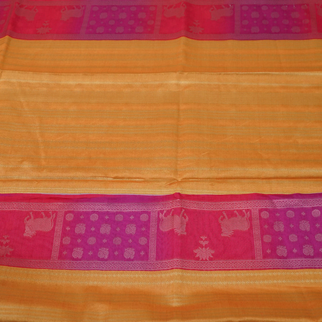 Mustard yellow Gokul Tussar with pink border