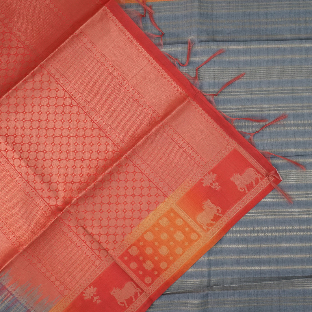 Subtle Grey Gokul Tussar with Red and Orange border.