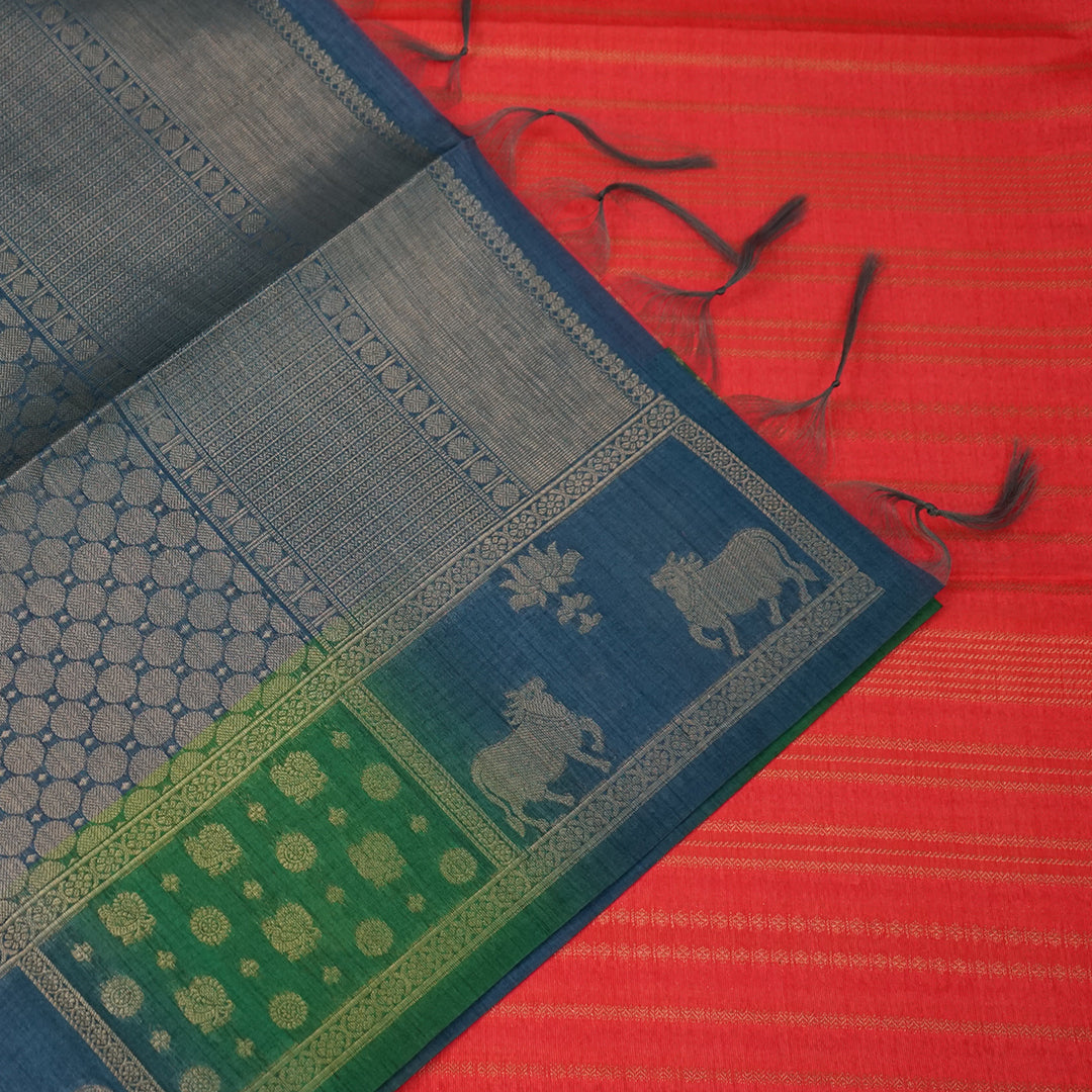 Coral Pink Gokul Tussar with Blue and Green border