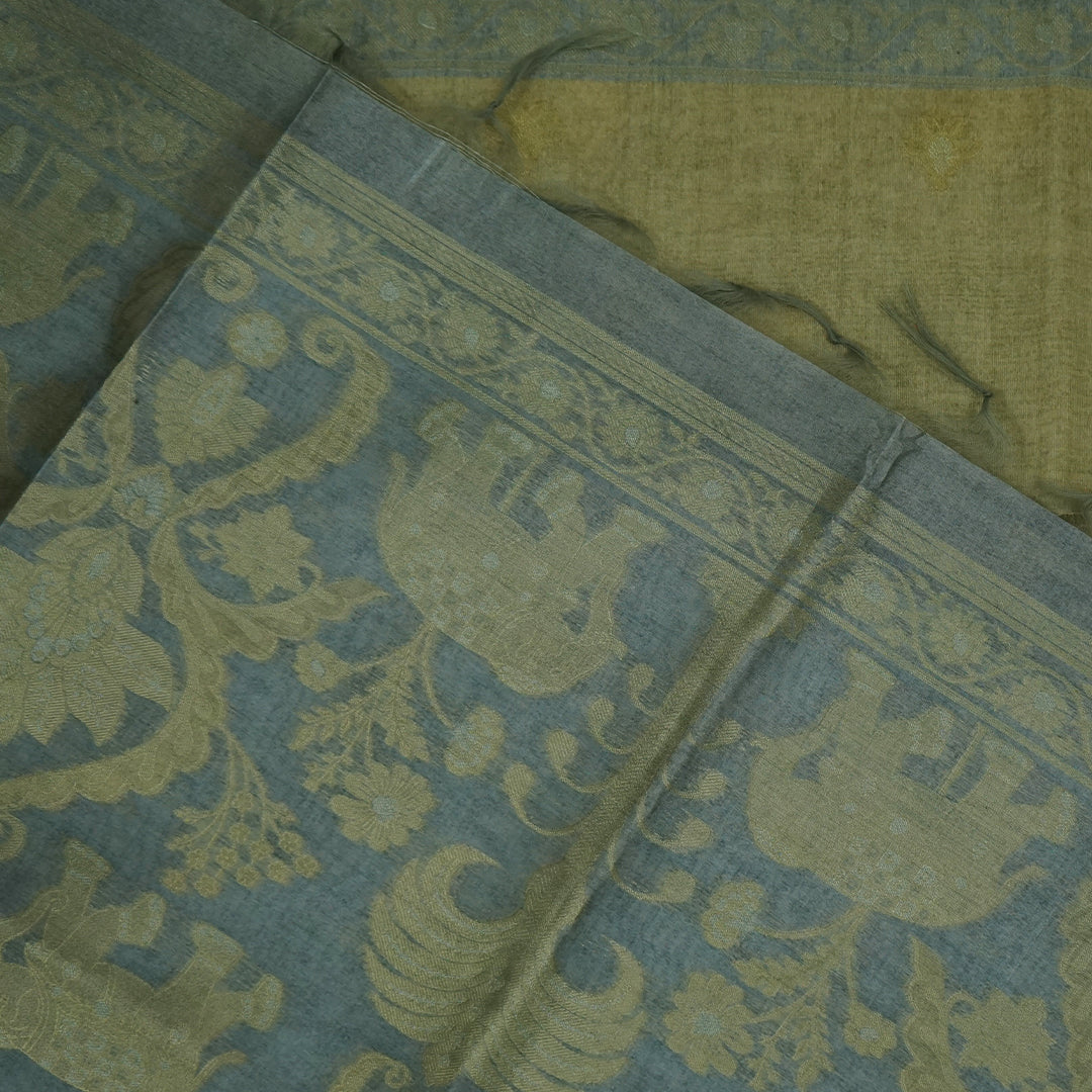 Olive Green Ambari Silk Tussar with Floral and Zari works