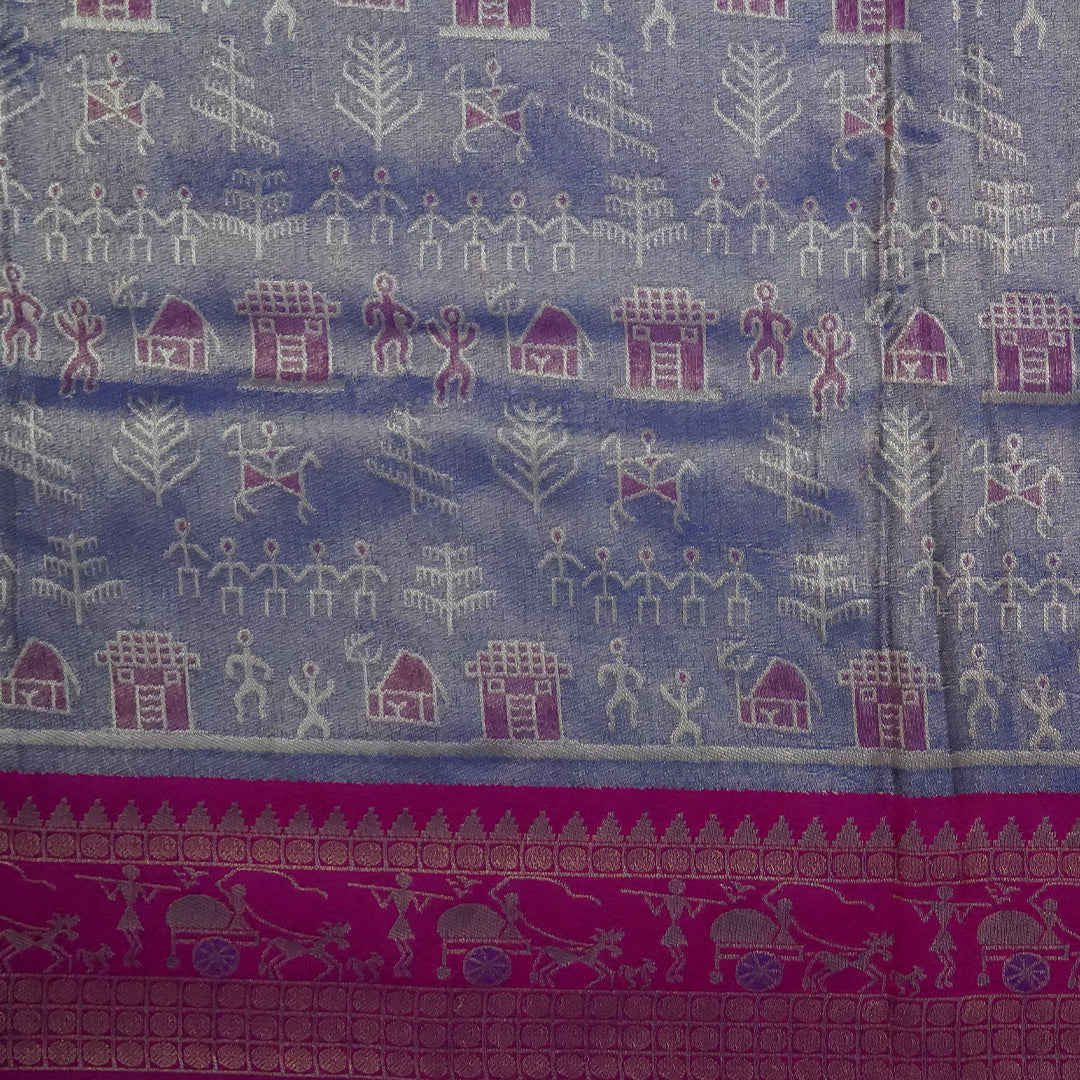 Magenta Stravi Silk Saree with lavender pall and Gold Zari.