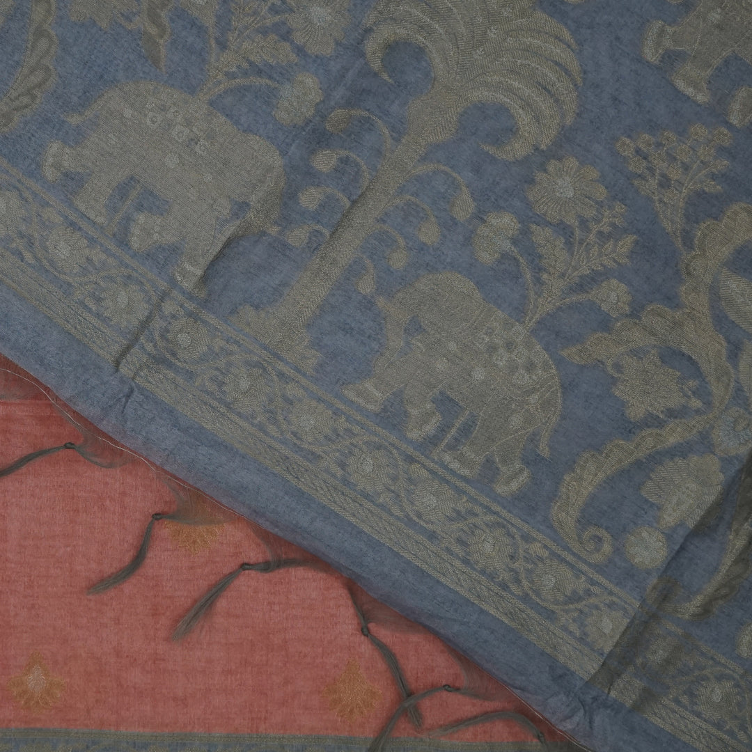 Coral Pink Ambari Silk Tussar with Zari works