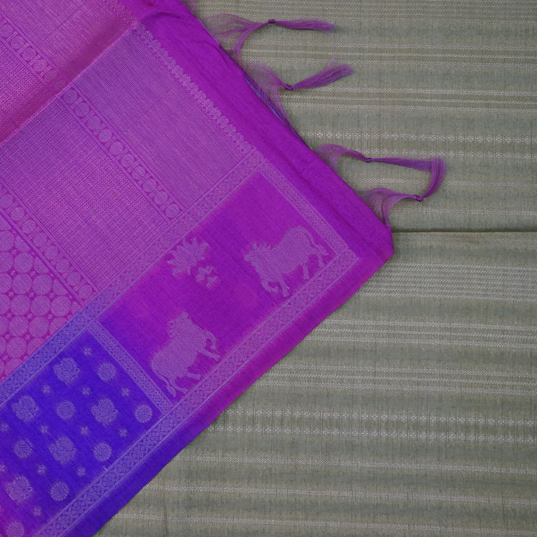 Pista Green Gokul Tussar with Pink and purple border