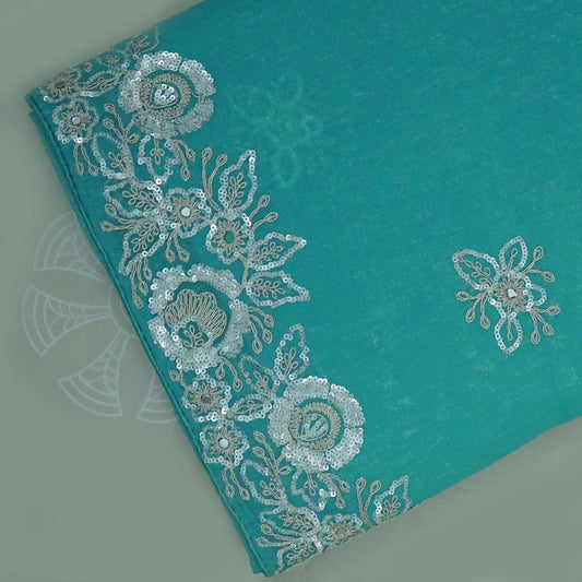 PASTEL WHISPERS - Aqua Blue Designer Chiffon Saree with Floral Buttas and Silver Zari works