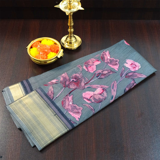 Kusum Silk in Slate Teal Base with Floral prints