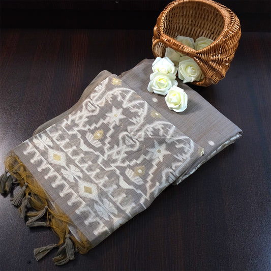 Monisha Tussar Muted taupe grey shade with a soft tussar silk texture