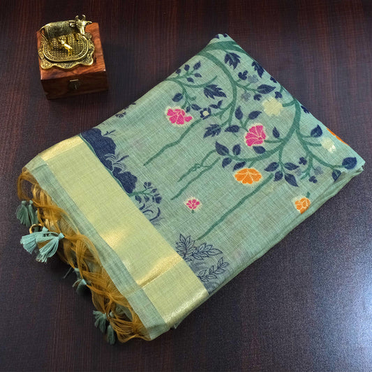 Varnica Tussar Soft pastel green shade with a subtle golden shimmer