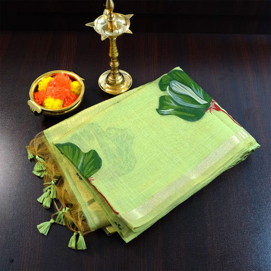 Resham Tussar Soft pastel green shade with a light golden sheen.
