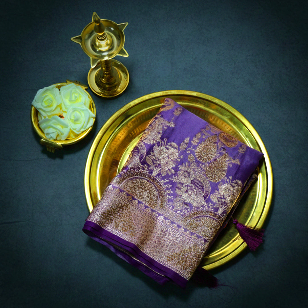 Deep Purple Madhur Sangam Silk Saree with Gold Zari