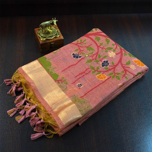 Varnica Tussar Soft peach pink shade with a subtle golden undertone