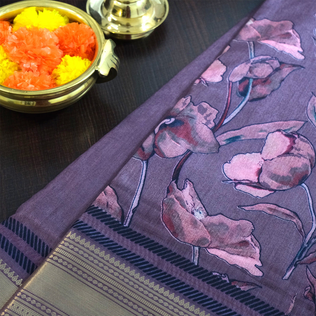Kusum Silk in Rich Muted Mauve base with Floral prints