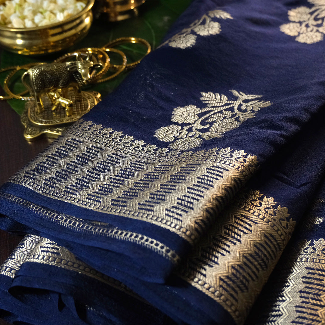 Neera Silk in Deep Navy Blue Base with Floral works