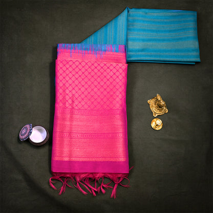 Teal Blue Gokul Tussar with pink and purple border