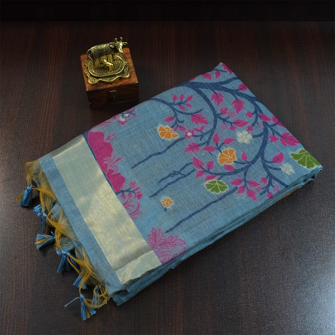 Varnica Tussar Soft pastel blue shade with a subtle sheen