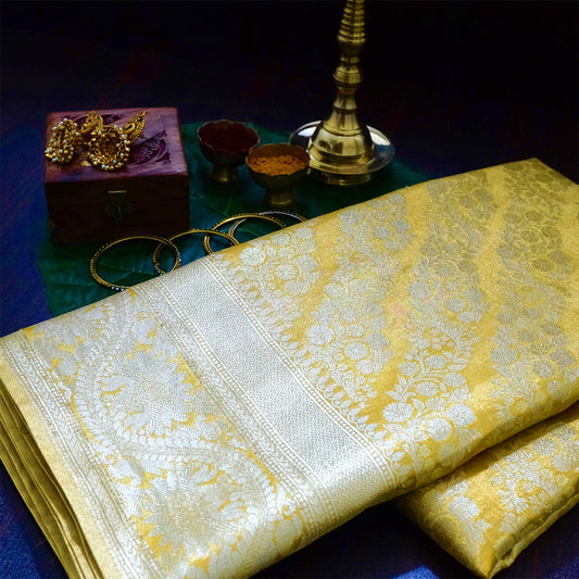 Mayuri Drape in radiant golden yellow shade with a rich, lustrous silk finish