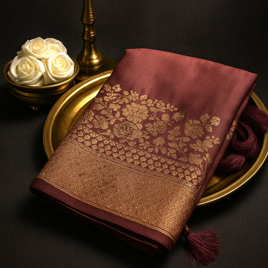 Deep Wine Madhur Sangam Silk saree with Gold and Copper Zari