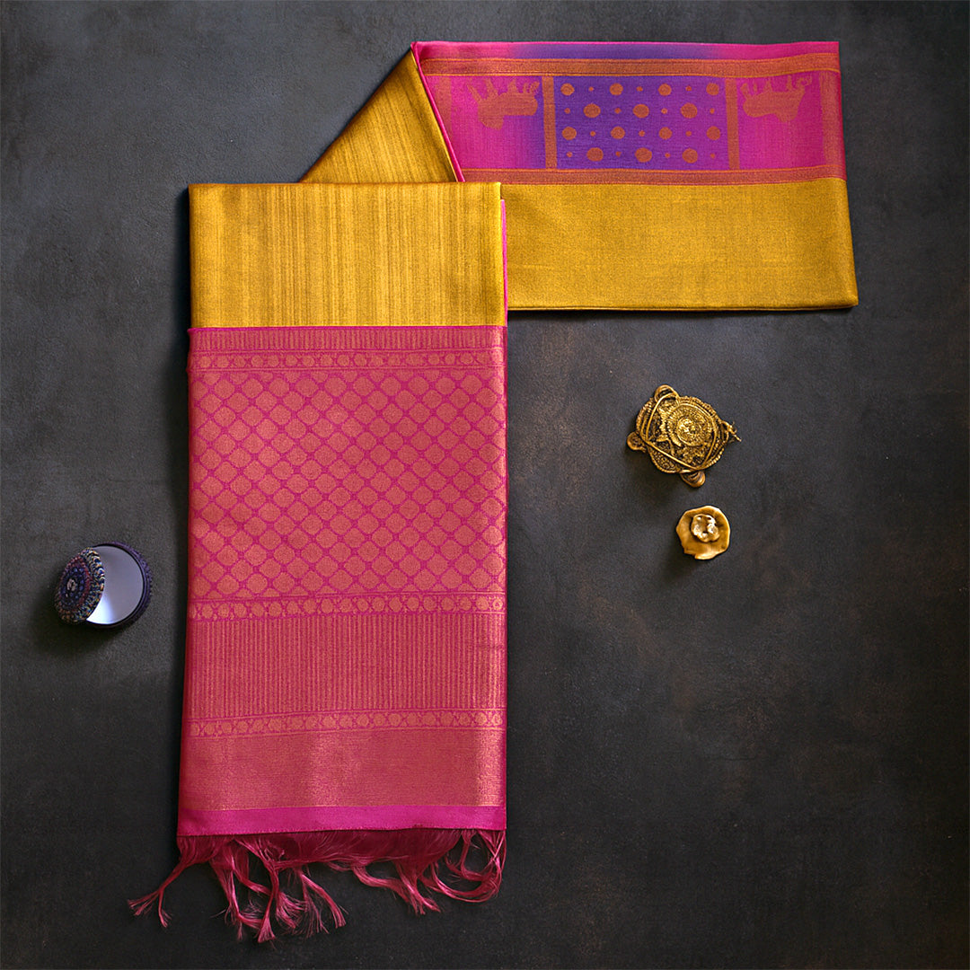 Pista Green Gokul Tussar with Pink and purple border