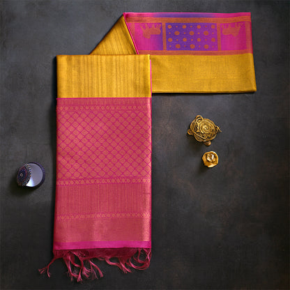 Pista Green Gokul Tussar with Pink and purple border