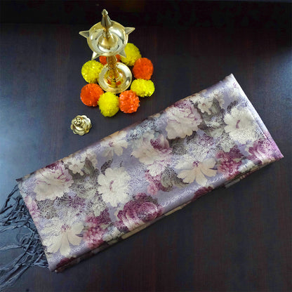 Silk Satin Soft lavender-grey shade with a floral pattern in hues of cream, beige, and deep mauve.