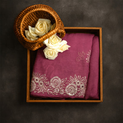 PASTEL WHISPERS - Rich wine-purple shade adorned with elegant silver floral embroidery,