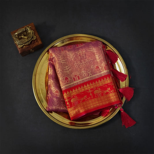 Crimson Red Stravi Silk with lavender - pink pallu and Gold Zari