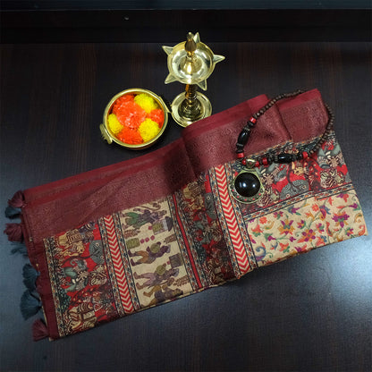 Kavya Loom in Deep Maroon Base with Kalamkari style prints