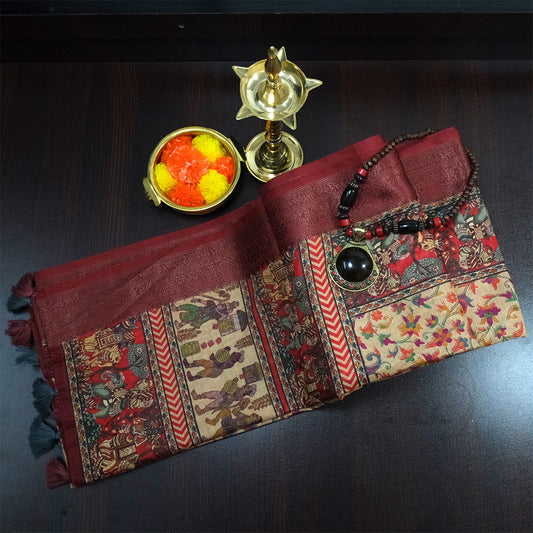 Kavya Loom in Deep Maroon Base with Kalamkari style prints