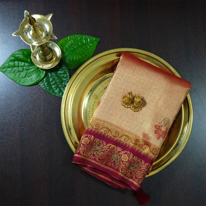 Silk Tulasi in Peach - Gold base with Rich Maroon border