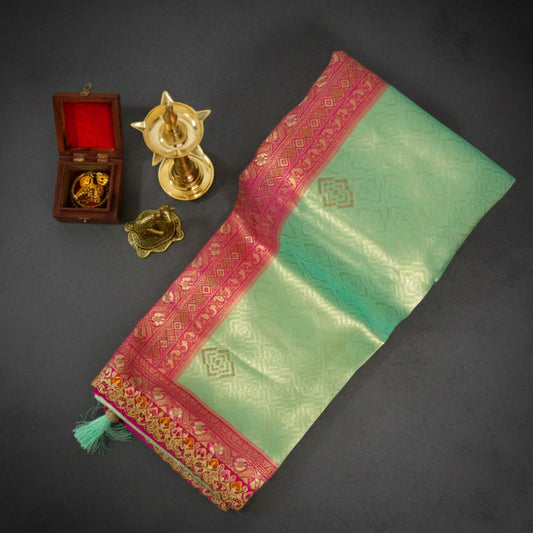 Mint Green Raj Virasat Silk saree with Deep purple base and heavy embroidery.