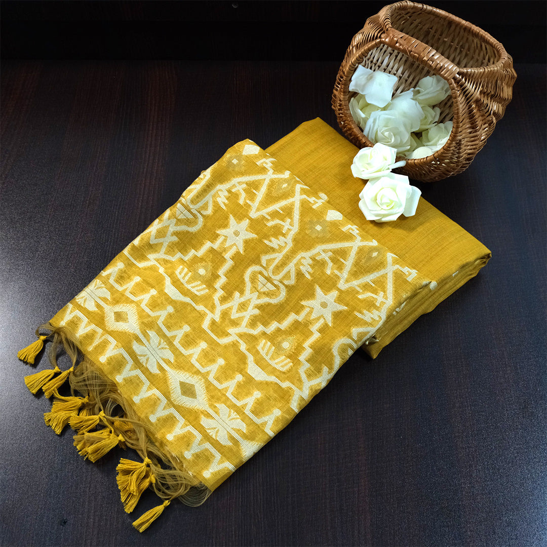 Monisha Tussar Rich mustard yellow shade with a soft matte tussar silk texture